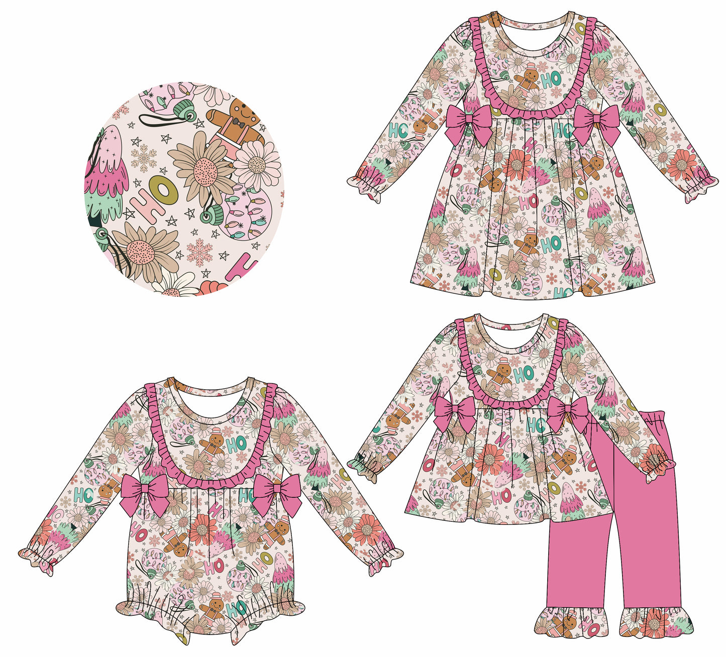 7.17(Custom Design Preorder MOQ 5 Each Design) Gingerbread Flowers HOHOHO Print Girls Christmas Matching Clothes Sisters Wear