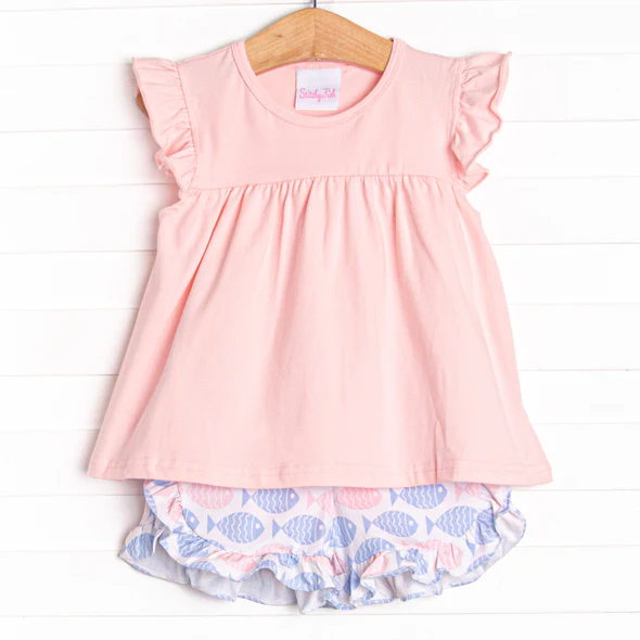 (Custom Design Preorder MOQ 5) Pink Tunic Top Fish Shorts Girls Summer Clothes Set