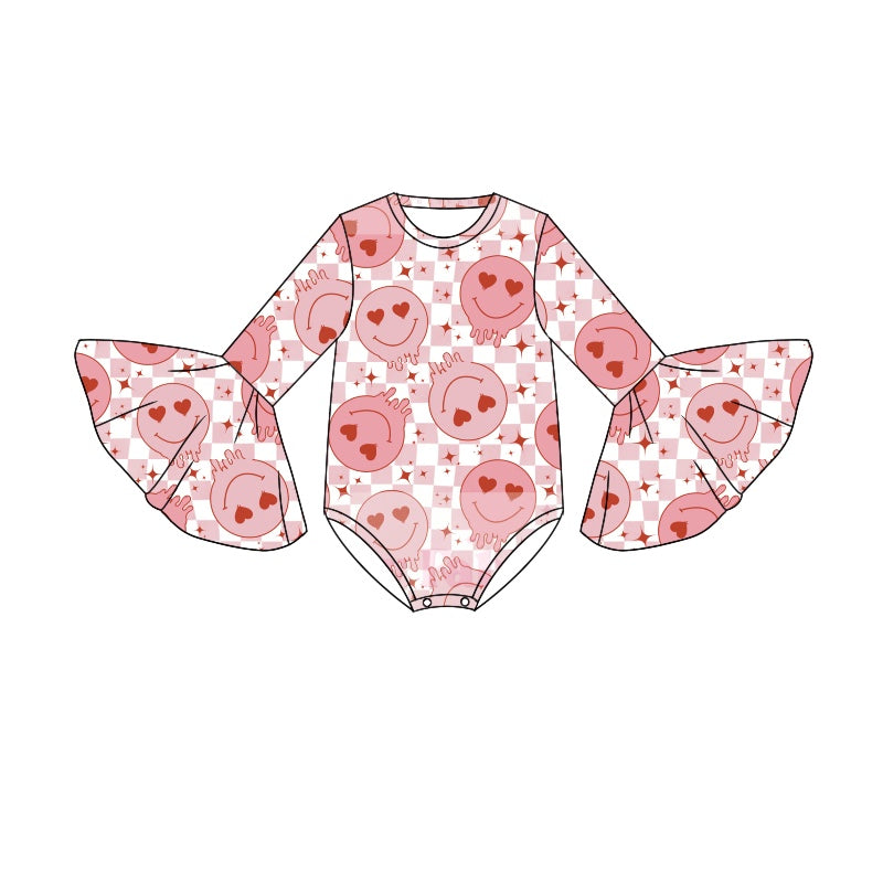 (Custom Design Preorder MOQ 5) Pink Smiling Face Print Baby Girls Valentine's Romper