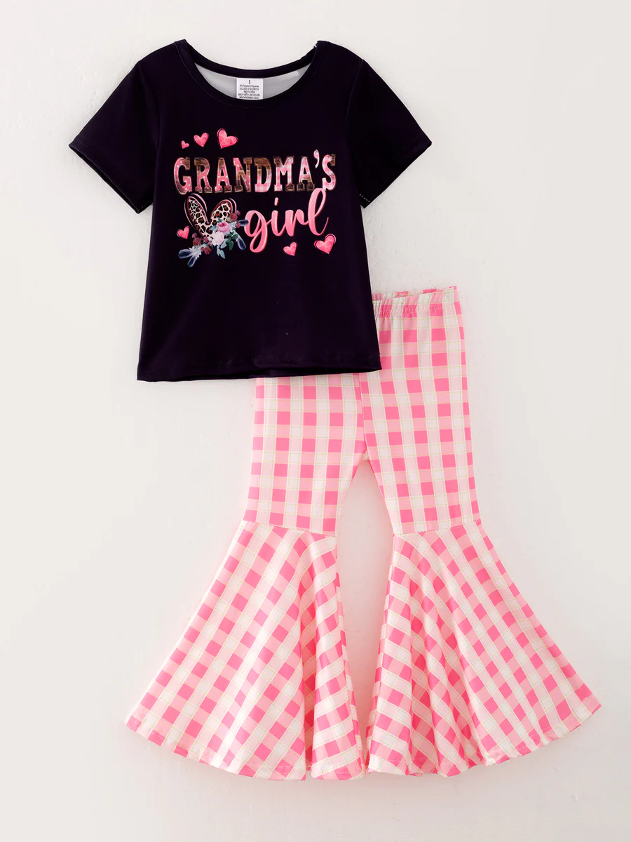 (Custom Design Preorder MOQ 5) GRANDMA'S GIRL Heart Top Pink Plaid Bell Pants Girls Valentine's Day Clothes Set
