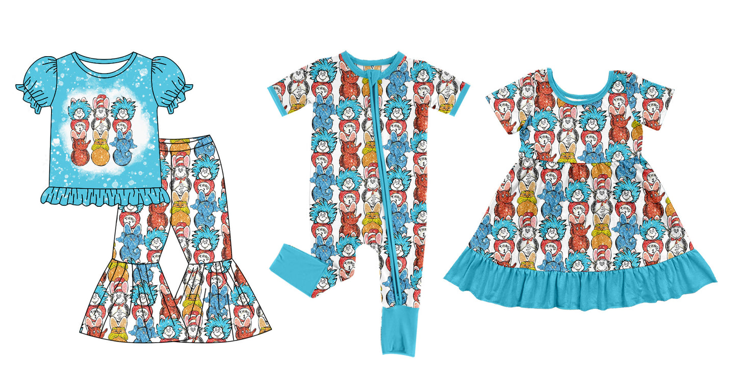 11.28(Custom Design Preorder MOQ 5 Each Design) Dr.Reading Blue Print Girls Easter Matching Clothes Sisters Wear