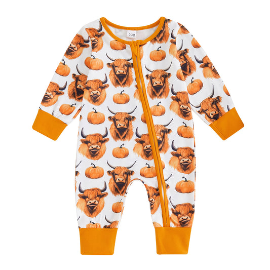 (Custom Design Preorder MOQ 20)  Pumpkin Highland Cow Print Baby Bamboo Fall Sleeper Zipper Romper