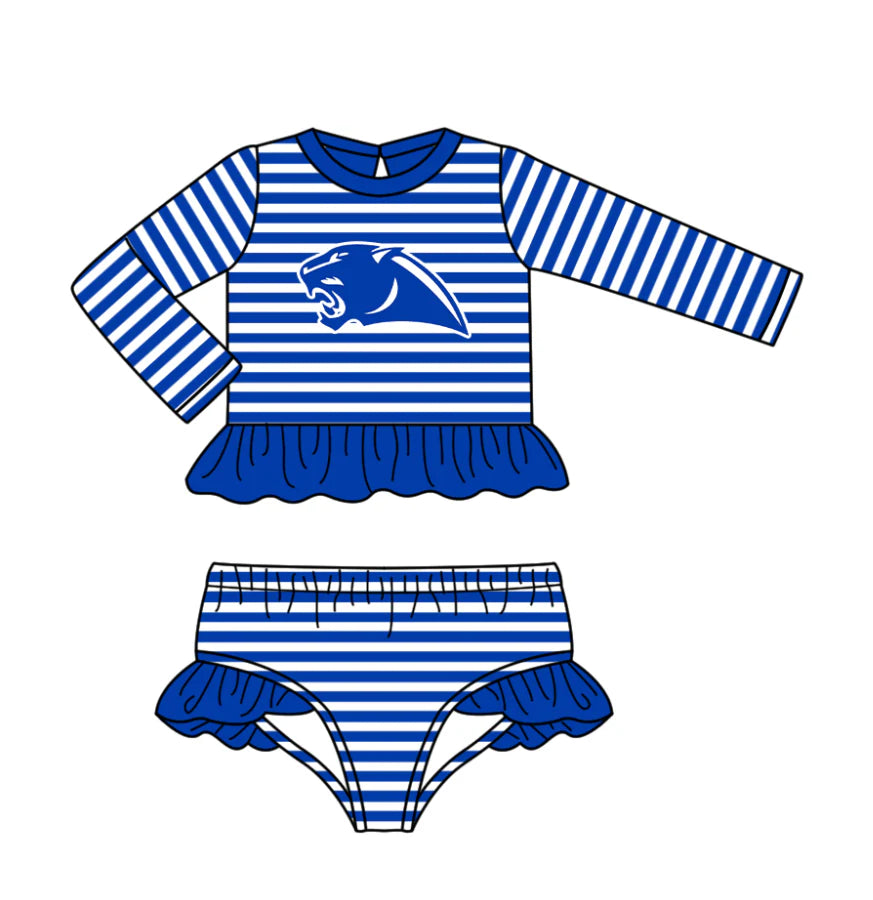 (Custom Design Preorder MOQ 5) Team's Panthers Blue Stripes Print Girls 2 Pieces Swimsuits