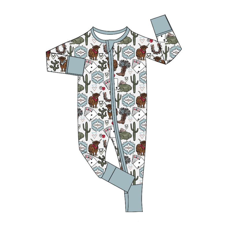 (Custom Design Preorder MOQ 20) Highland Cow Boots Aztec Print Baby Girls Western Bamboo Sleeper Zipper Romper