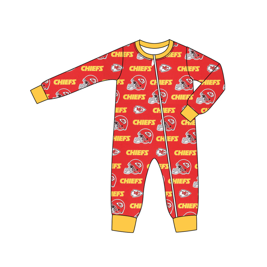 (Custom Design Preorder MOQ 5) Team's CHIEFS Print Baby Fall Sleeper Zipper Romper