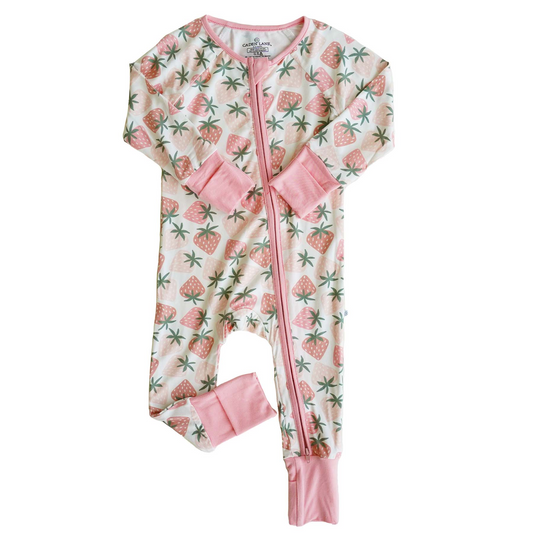 (Custom Design Preorder MOQ 20)  Strawberry Pink Print Baby Girls Bamboo Fall Sleeper Zipper Romper