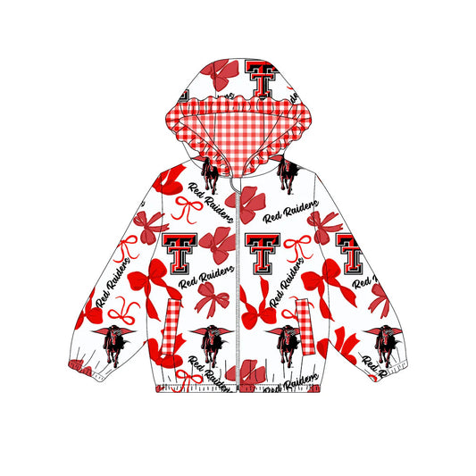 (Custom Design Preorder MOQ 5) Team's TT Red Raiders Bows Print Pockets Girls Long Sleeve Zipper Jackets Top
