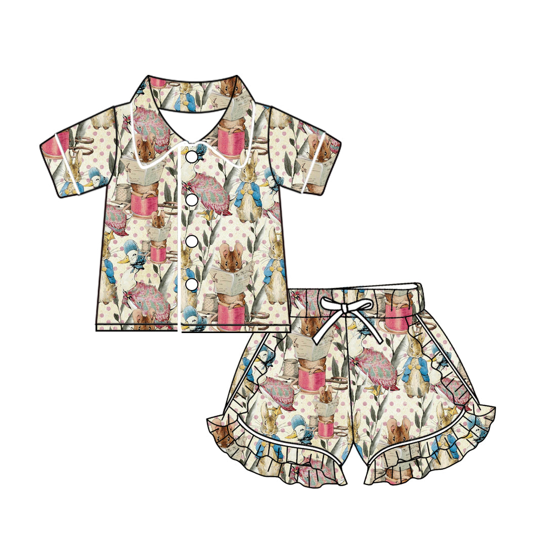 (Custom Design Preorder MOQ 5) Cartoon Bunny Flowers Print Girls Easter Pajamas Clothes Set