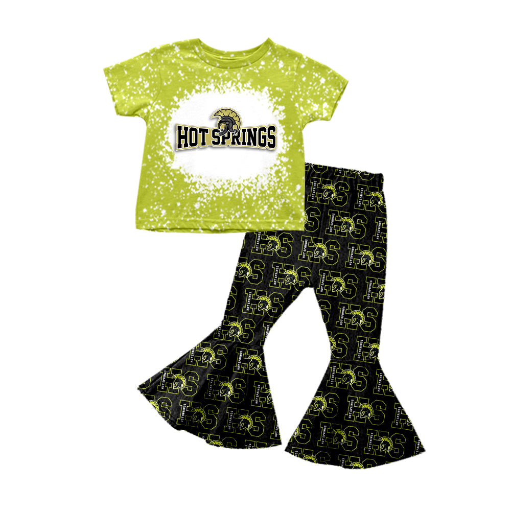 (Custom Design Preorder MOQ 5 ) Team's HOT SPRINGS Print Bell Pants Girls Clothes Set