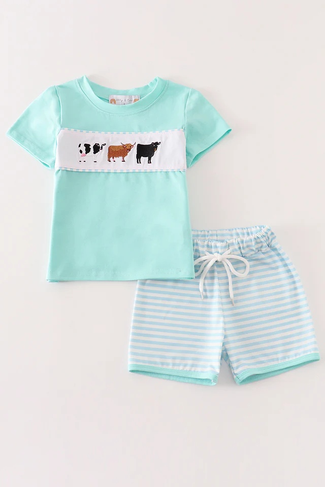 (Custom Design Preorder MOQ 5) Cows Top Stripes Shorts Boys Summer Clothes Set