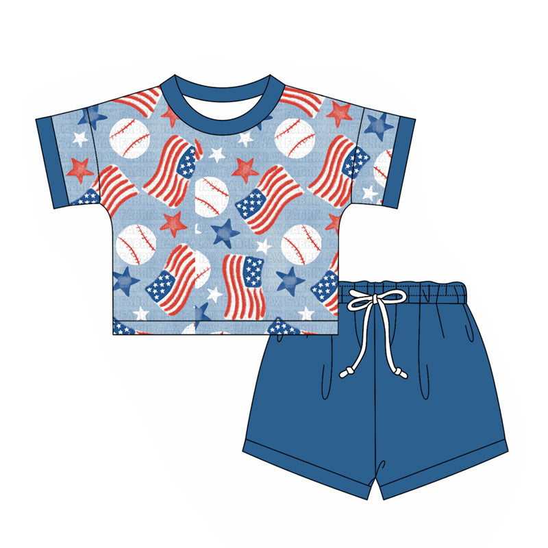 2.24(Custom Design Preorder MOQ 5) Baseball Flag Stars Top Blue Shorts Boys Summer Clothes Set