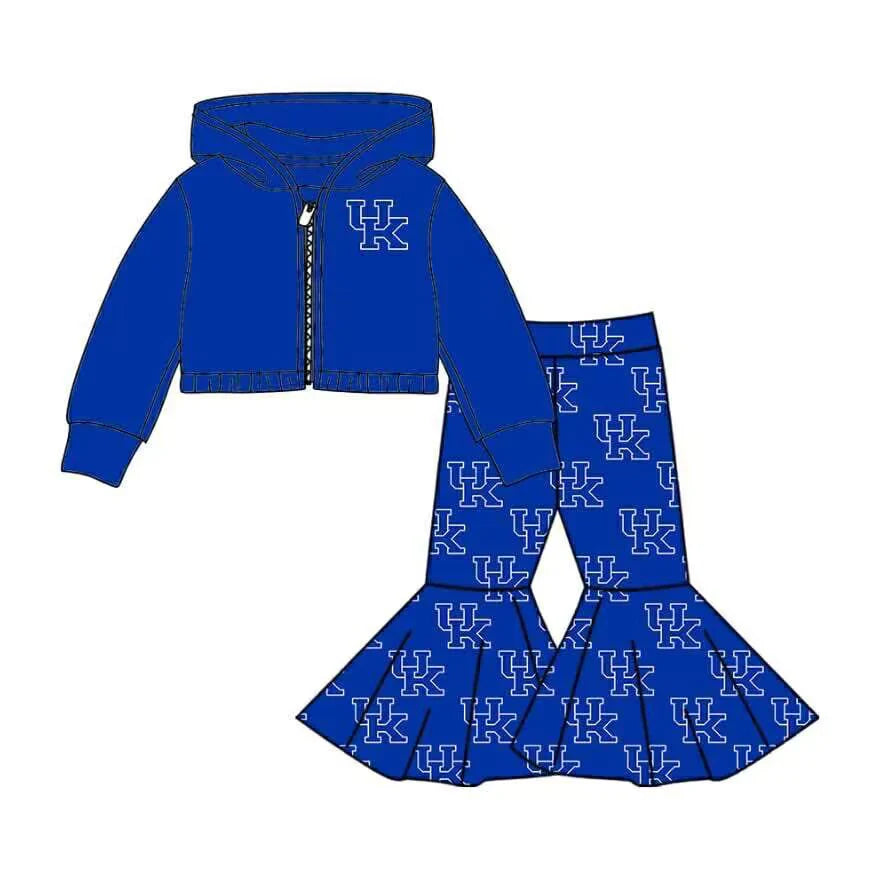 (Custom Design MOQ 5) Team's Kentucky hoodie jacket top bell pants girls clothes set
