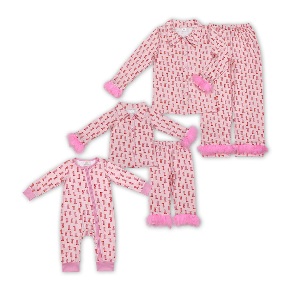 Boots Pink Western Print Mom and Me Matching Buttons Fur Pajamas Clothes Set