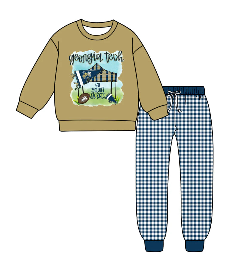 (Custom Design Preorder MOQ 5) Team's Yellowjackets Top Plaid Pants Boys Fall Clothes Set