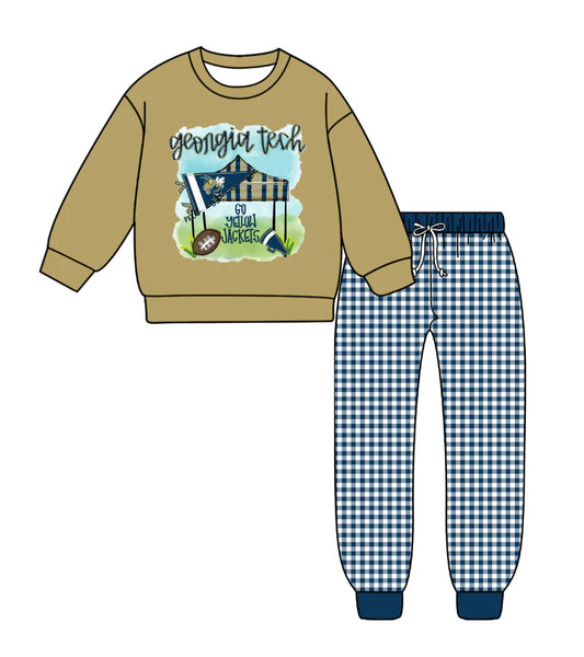 (Custom Design Preorder MOQ 5) Team's Yellowjackets Top Plaid Pants Boys Fall Clothes Set