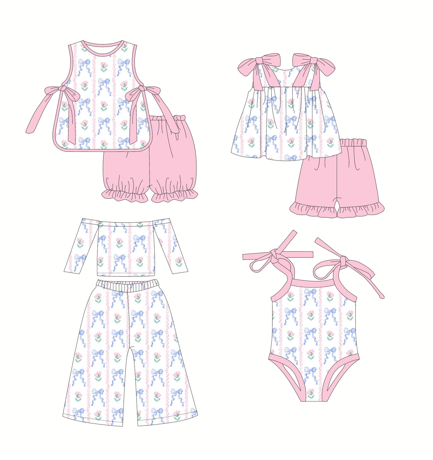 2.22(Custom Design Preorder MOQ 5 Each Design) Flowers Blue Bows Print Girls Summer Matching Clothes Sisters Wear