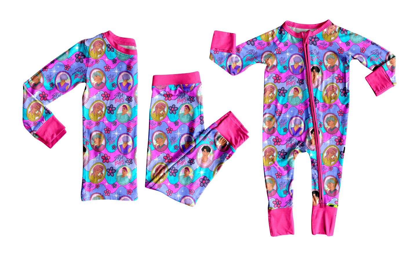 (Custom Design Preorder MOQ 20 Each Design) Cartoon Character Boys Flowers Print Girls Pajamas Matching Bamboo Clothes