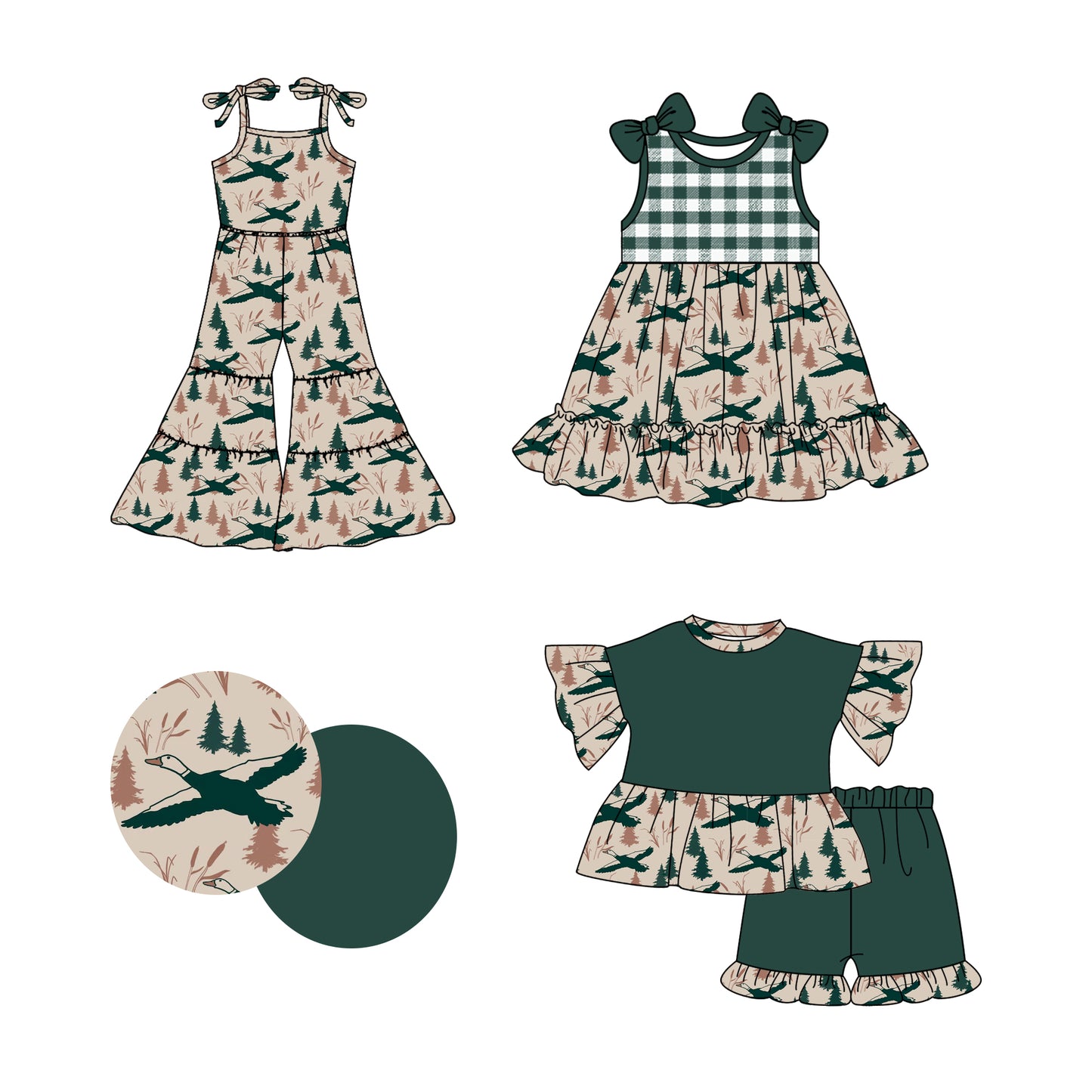 3.6(Custom Design Preorder MOQ 5 Each Design) Duck Green Print Girls Summer Matching Clothes Sisters Wear