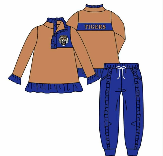 (Custom Design Preorder MOQ 5) Team's Tigers Print Pullover Top Blue Pants Girls Fall Clothes Set
