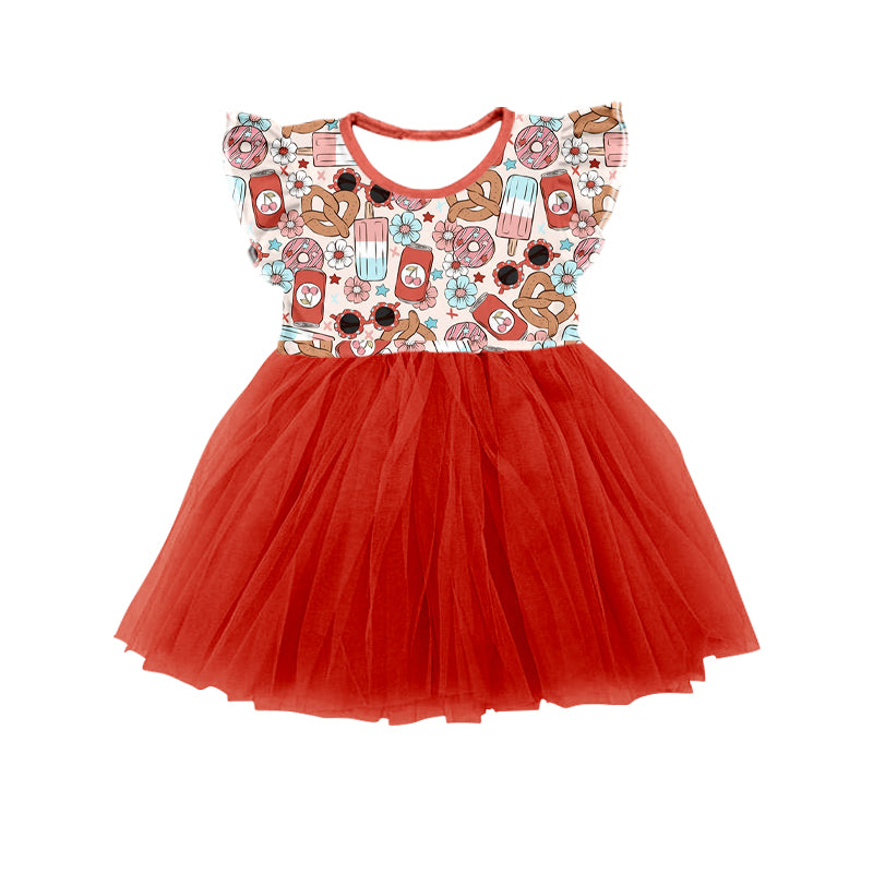 2.7(Custom Design Preorder MOQ 5) Flowers Doughnut Print Girls 4th of July Knee Length Tulle Dress