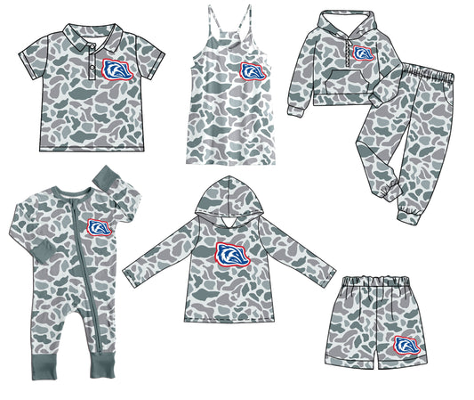 (Custom Design Preorder MOQ 5 Each Item)Team's Arkadelphia Badgers Camo Print Sibling Matching Clothes