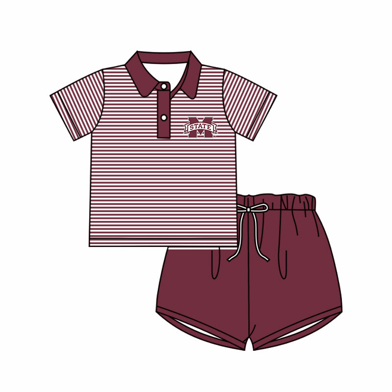 (Custom Design Preorder MOQ 5) Football Team's MC Wine Print Boys Polo Top Shorts Summer Clothes Set
