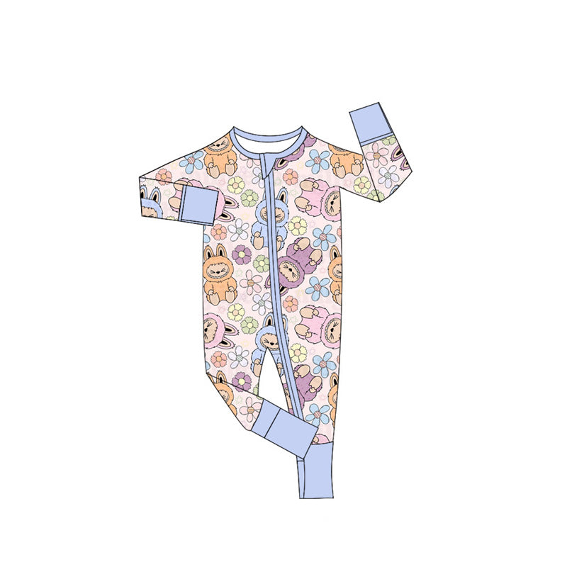 (Custom Design Preorder MOQ 5) Cartoon LABU* Print Baby Girls Fall Sleeper Zipper Romper