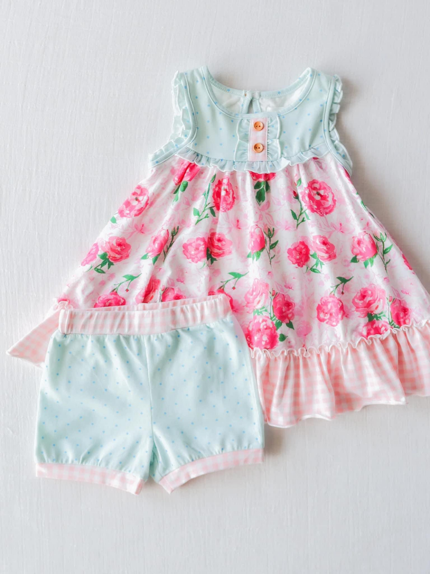 (Custom Design Preorder MOQ 5) Pink Flowers Print Girls Summer Clothes Set