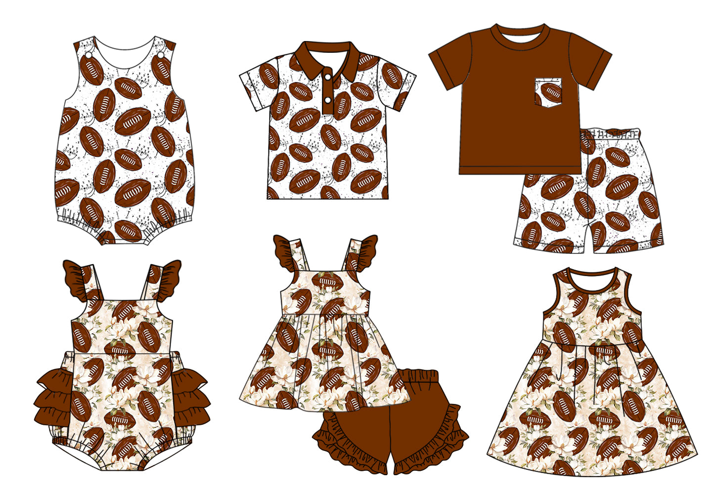 11.13(Custom Design Preorder MOQ 5 Each Design) Football Brown Print Kids Summer Matching Clothes Sibling Wear