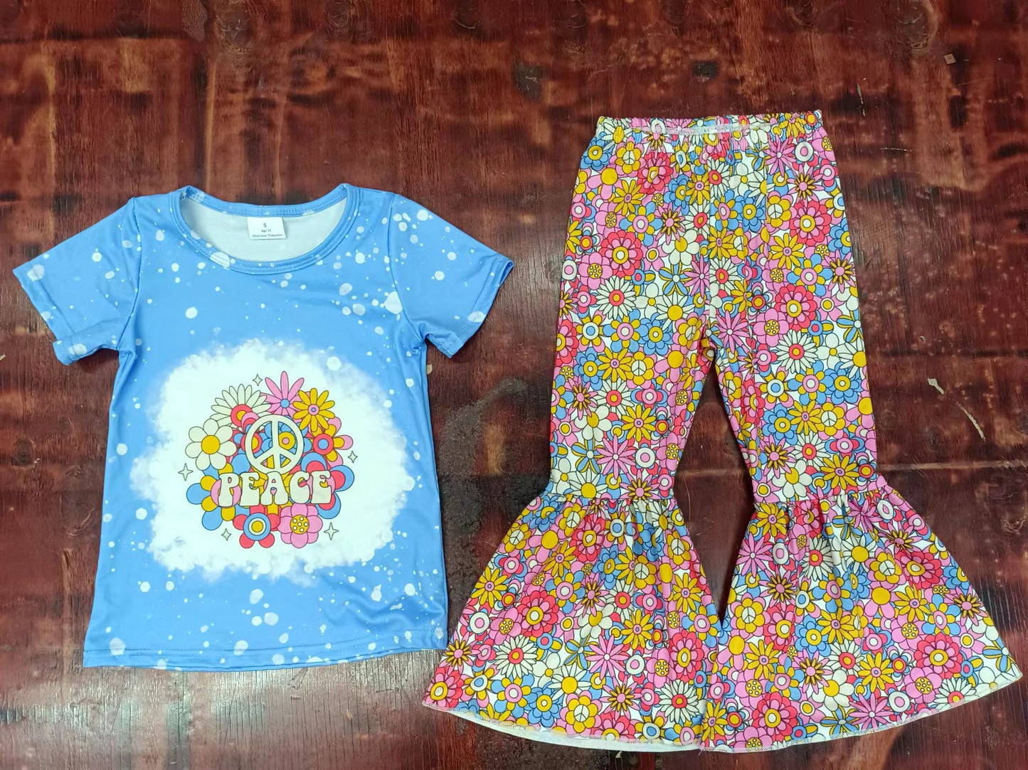 (Custom Design Preorder MOQ 5) Peace Flowers Bell Pants Girls Clothes Set