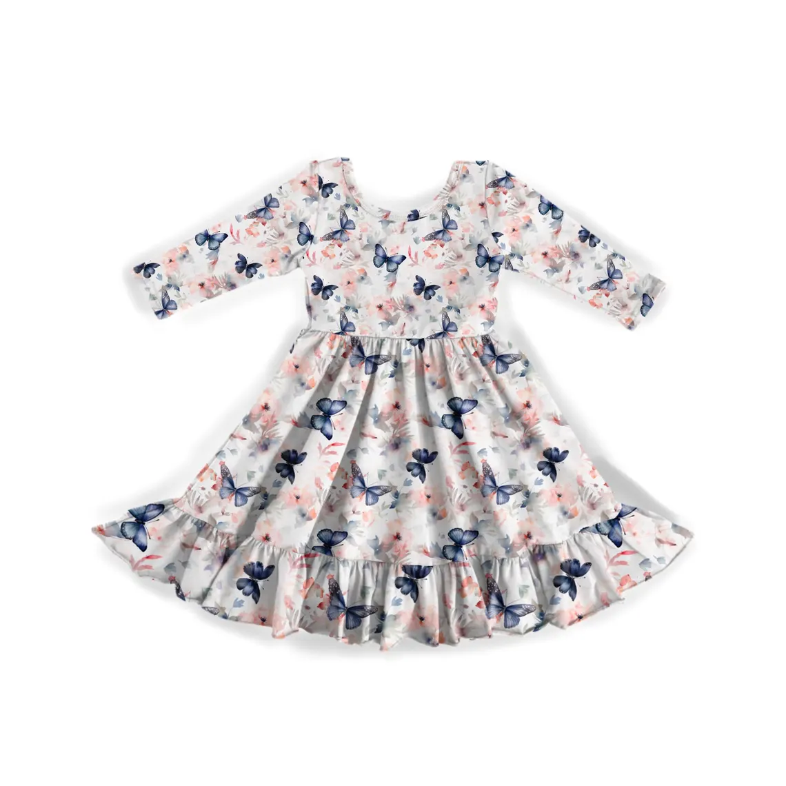 (Custom Design Preorder MOQ 5) Flowers Butterfly Print Girls Fall Knee Length Dress