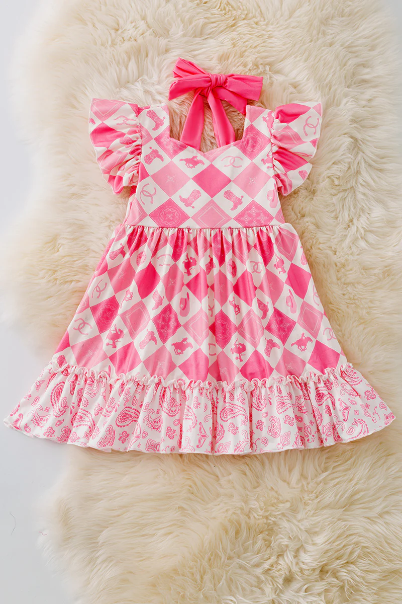 (Custom Design Preorder MOQ 5) Rodeo Boots Plaid Pink Print Girls Summer Knee Length Dress