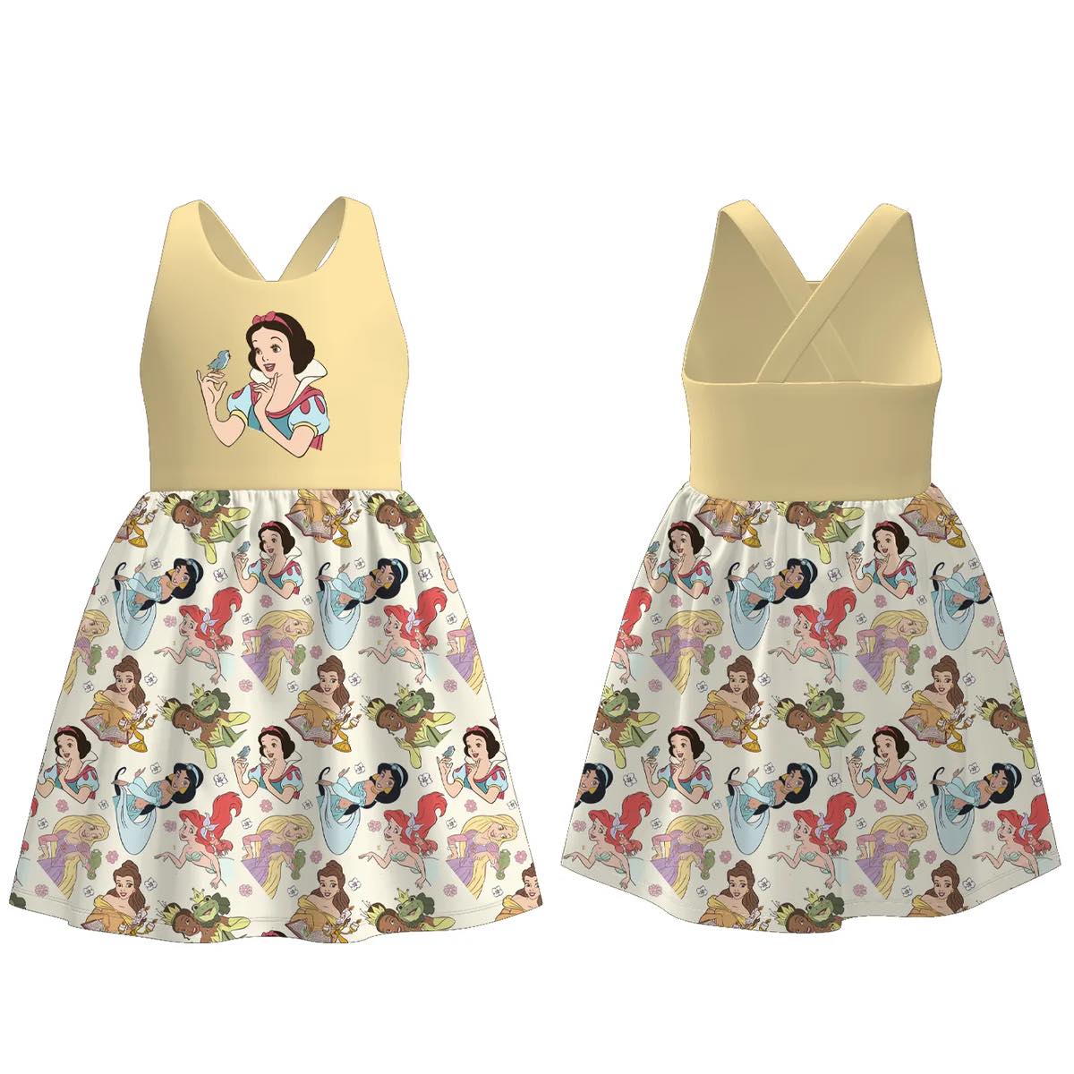 (Custom Design Preorder MOQ 5) Cartoon Princess Print Girls Summer Knee Length Dress