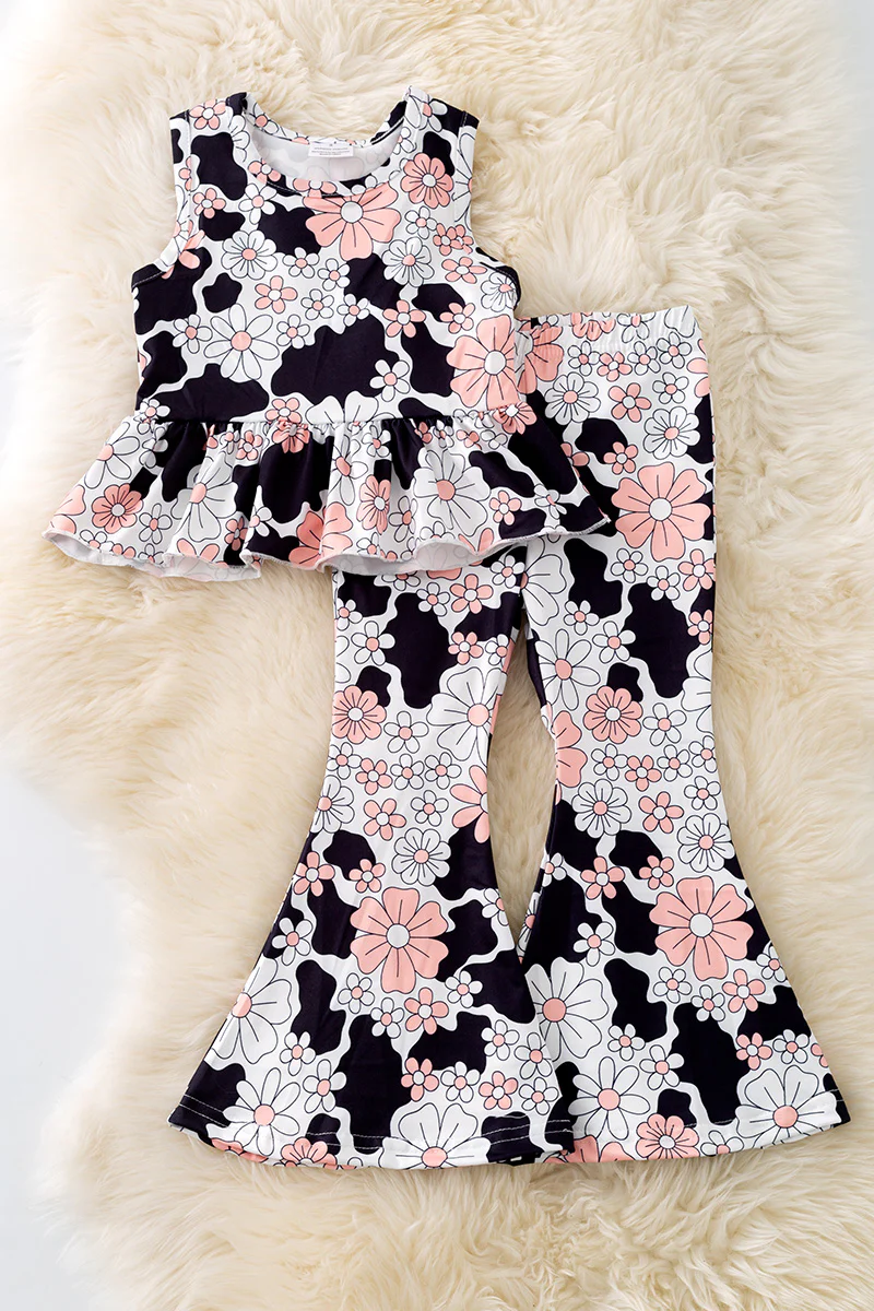 (Custom Design Preorder MOQ 5) Pink Flowers Top Bell Pants Girls Western Clothes Set