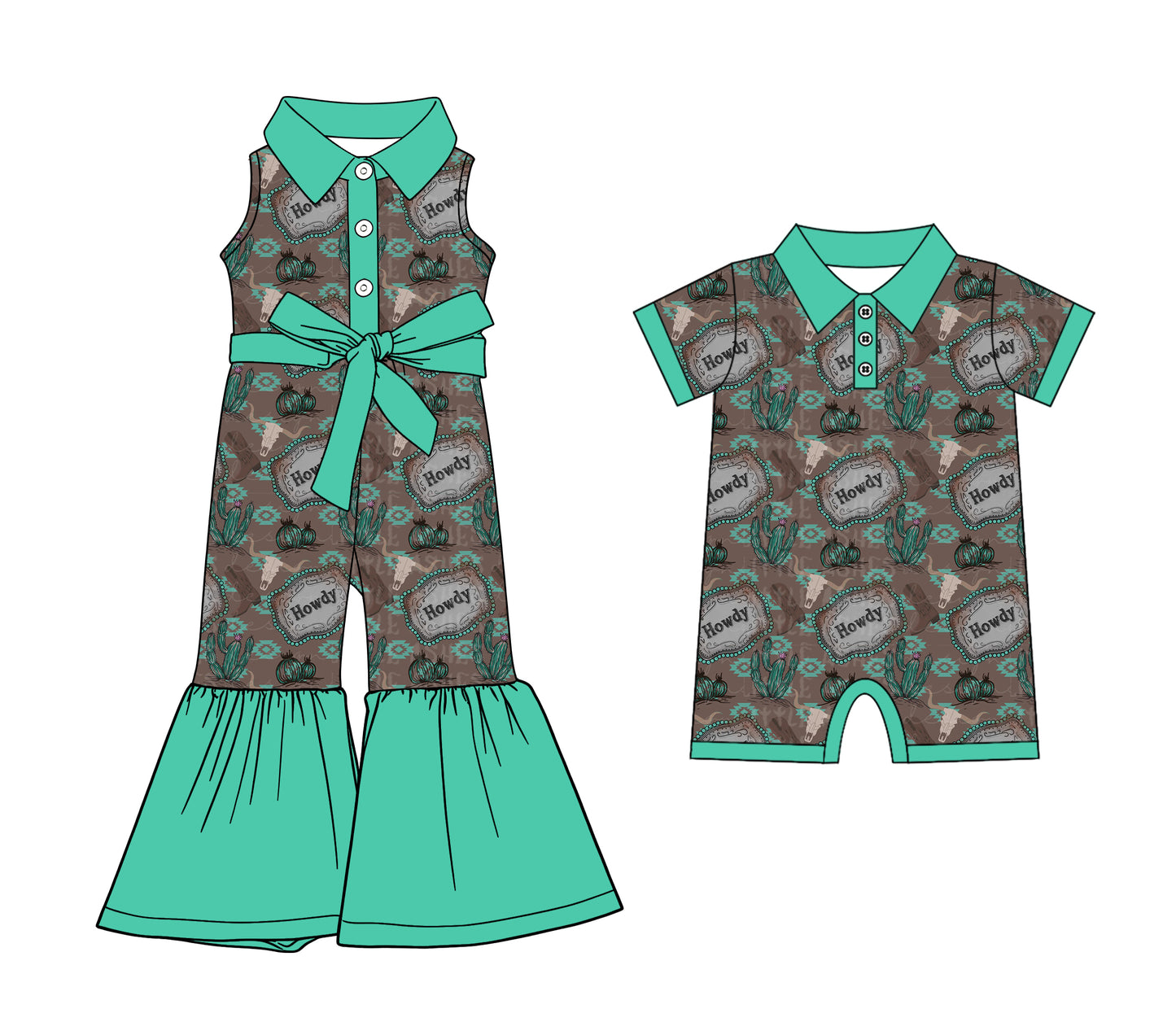 12.8 (Custom Design Preorder MOQ 5 Each Design) Howdy Aztec Cactus Print Kids Summer Western Matching Clothes Sibling Wear