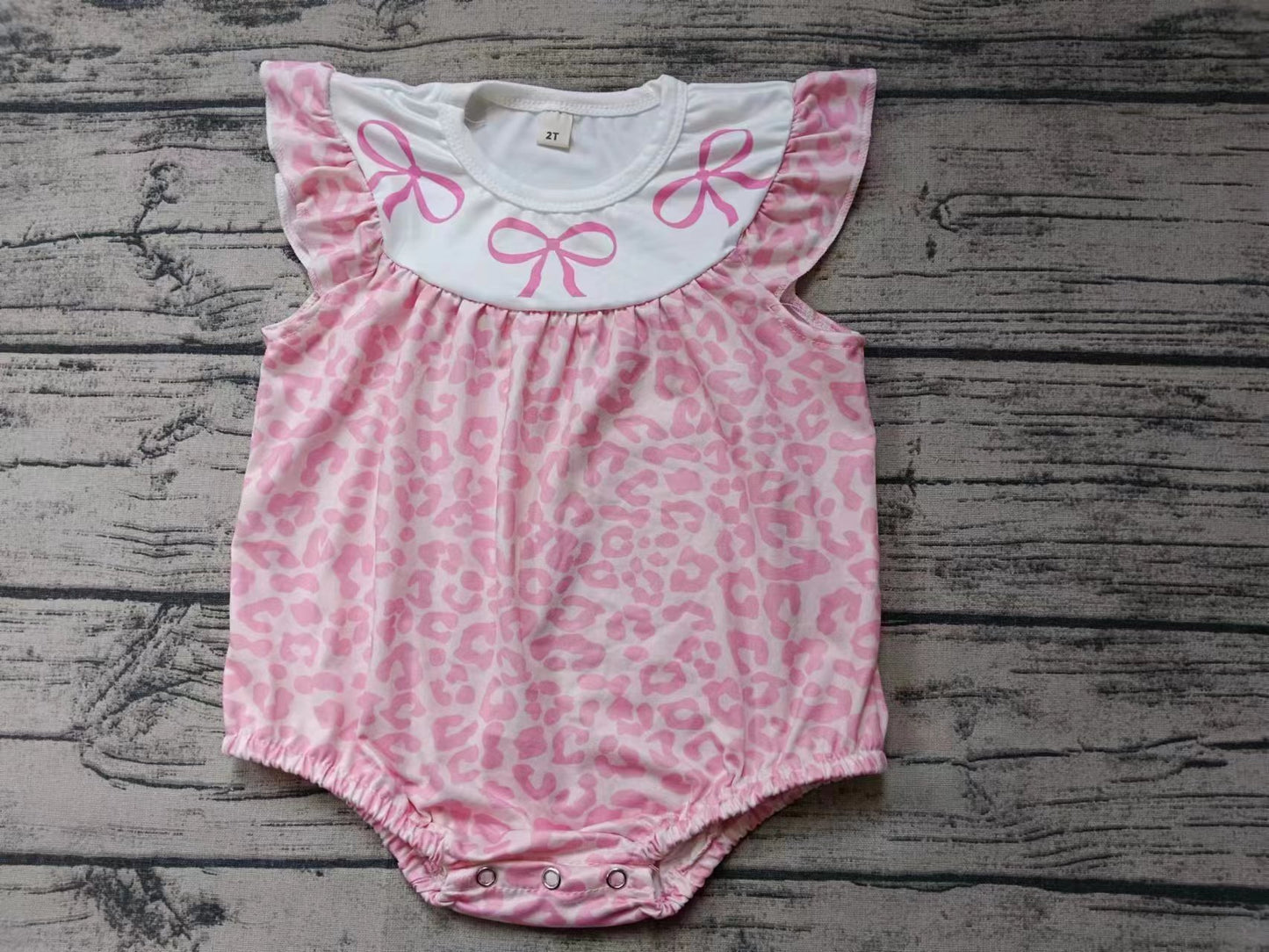 (Custom Design Preorder MOQ 5) Pink Leopard Bows Print Baby Girls Summer Romper