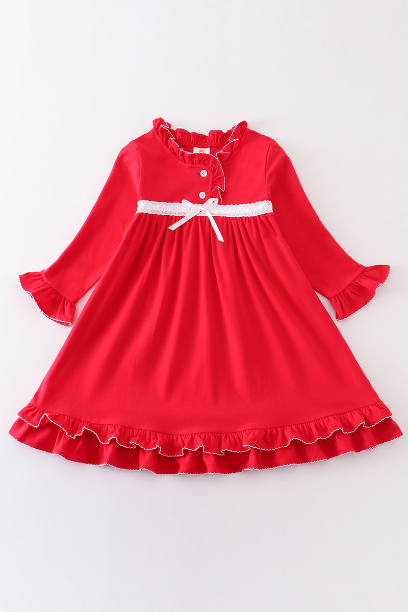 (Custom Design Preorder MOQ 5) Red Color Girls Christmas Knee Length Dress