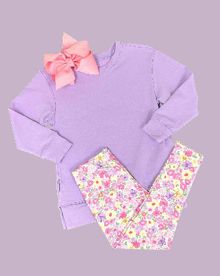 (Custom Design Preorder MOQ 5) Purple Top Flowers Legging Pants Girls Clothes Set