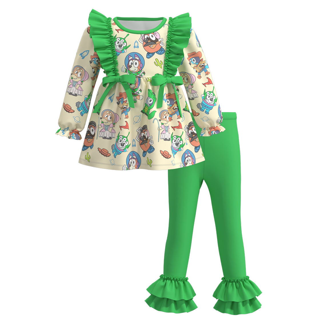 (Custom Design Preorder MOQ 5) Cartoon Dog Tunic Top Green Pants Girls Clothes Set