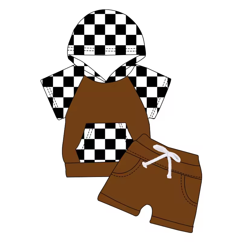 (Custom Design Preorder MOQ 5) Plaid Hoodie Top Brown Shorts Kids Summer Clothes Set
