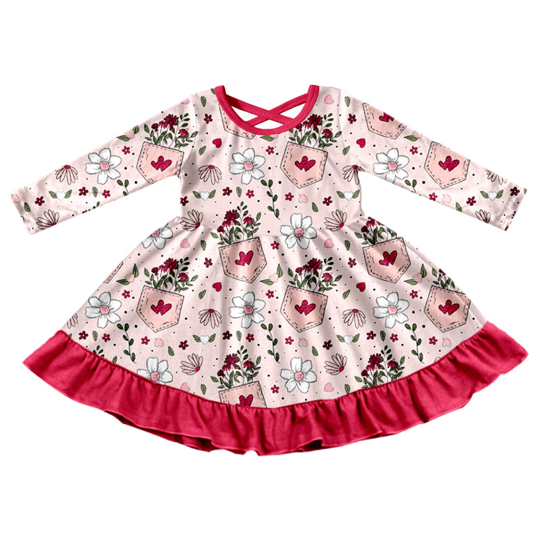 (Custom Design Preorder MOQ 5) Flowers Heart Print Girls Valentine's Knee Length Dress