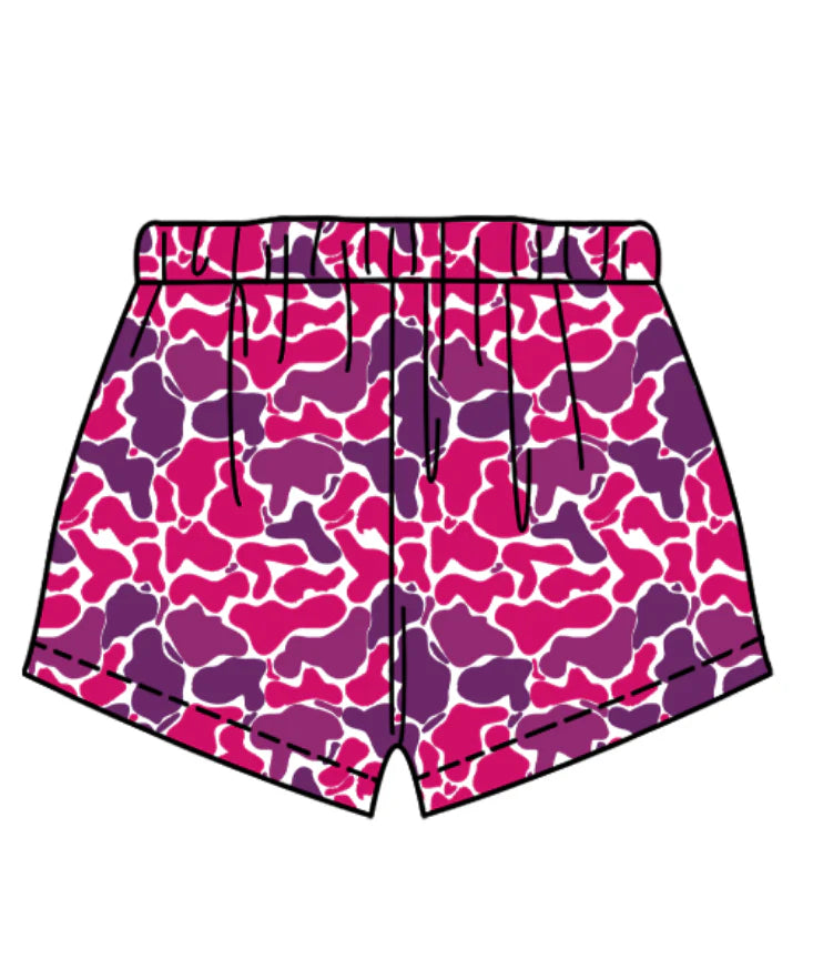(Custom Design Preorder MOQ 5 Each Item) Purple Camo Print Summer Bottom Shorts Mom and Me Matching Clothes