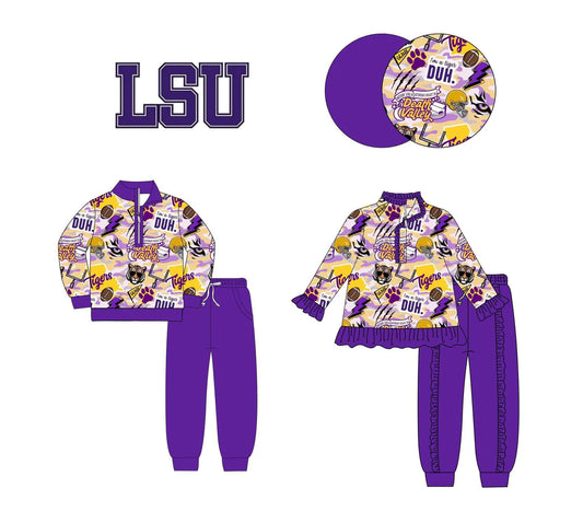 (Custom Design Preorder MOQ 5) Team's LSU Tigers Top Purple Pants Sibling Fall Clothes Set
