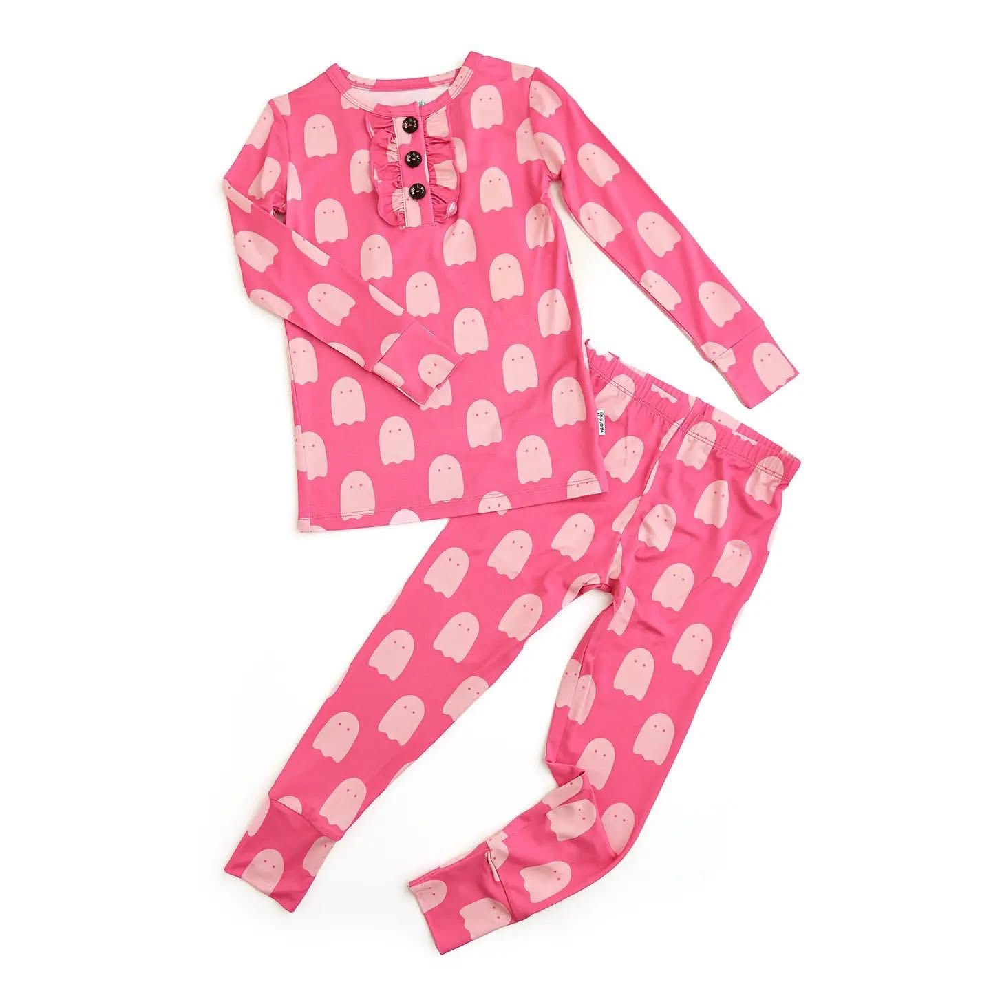 (Custom Design Preorder MOQ 5) Spooky Pink Print Girls Halloween Pajamas Clothes Set