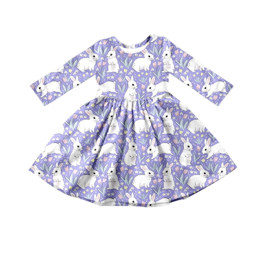 (Custom Design Preorder MOQ 5) Purple Flowers Bunny Print Girls Easter Knee Length Dress