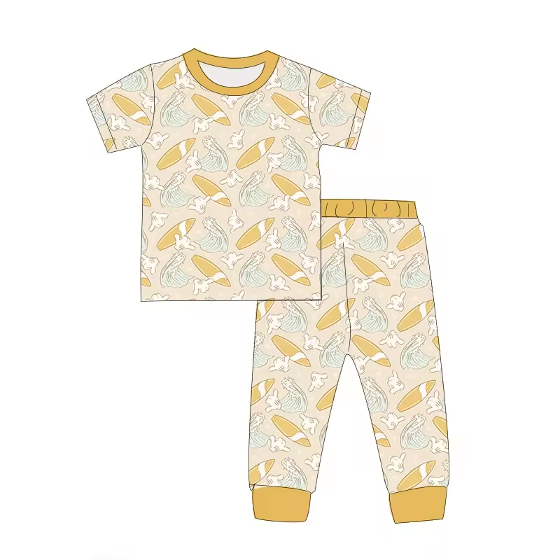 (Custom Design Preorder MOQ 5) Surfboard Yellow Print Kids Pajamas Clothes Set