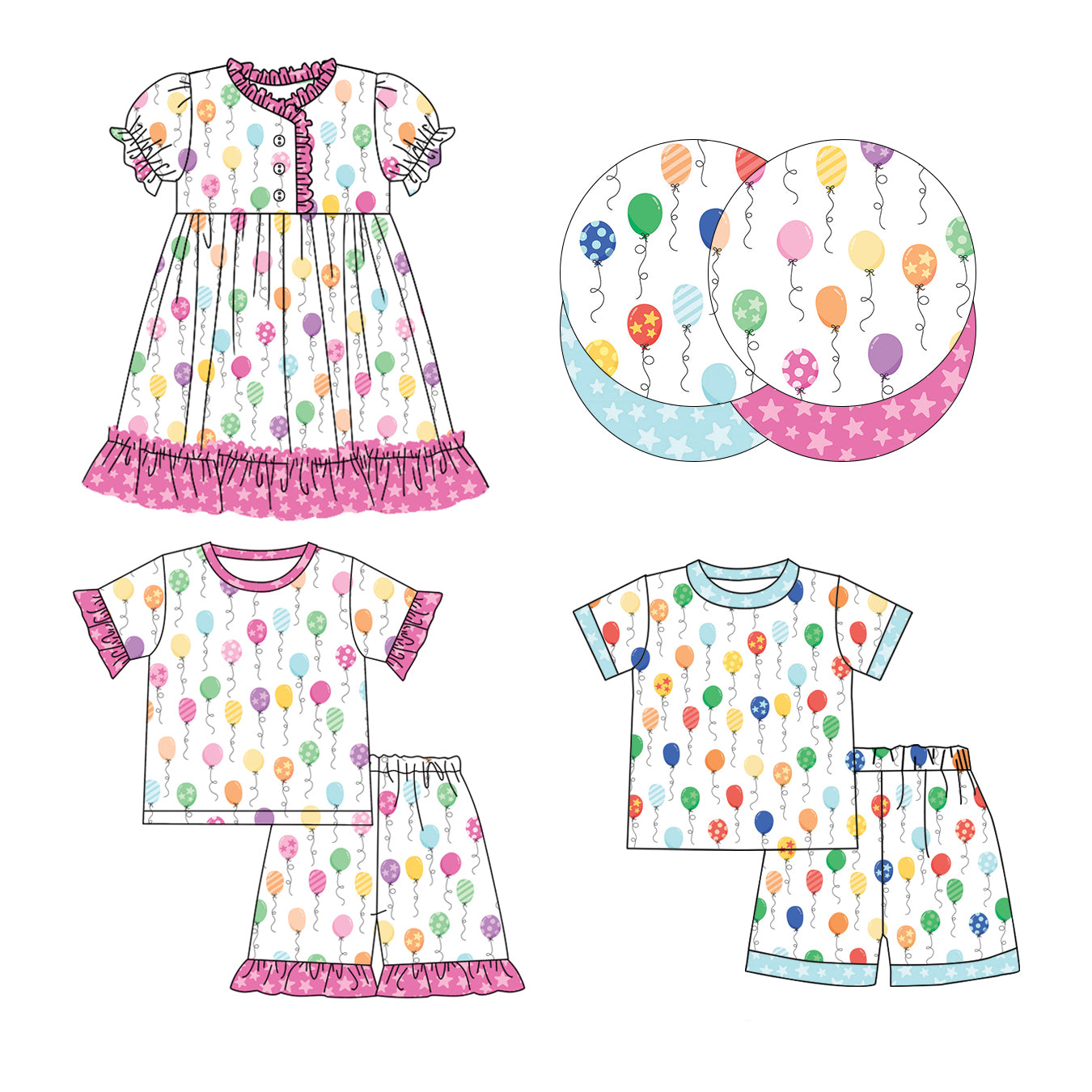 12.11(Custom Design Preorder MOQ 5 Each Design) Colorful Balloon Happy Birthday Print Kids Matching Clothes Sibling Wear