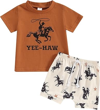 (Custom Design Preorder MOQ 5) YEE-HAW Brown Top Rodeo Shorts Boys Summer Western Clothes Set