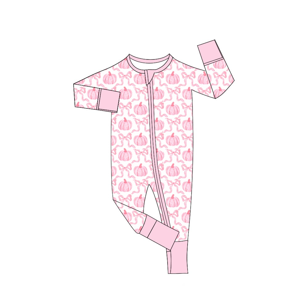 (Custom Design Preorder MOQ 5) Pink Bows Pumpkin Print Baby Girls Fall Sleeper Zipper Romper