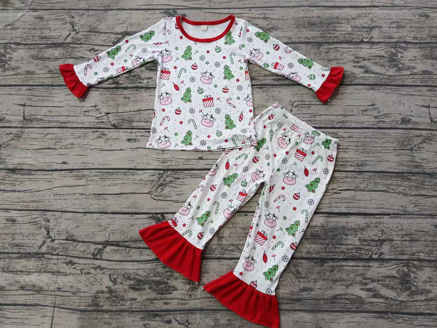 (Custom Design Preorder MOQ 5) Cows Candy Print Boys Christmas Pajamas Clothes Set